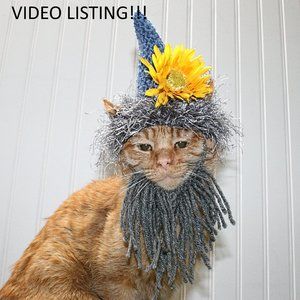 HAND CRAFTED Cat Hat Crochet Garden Gnome Wig Beard Costume Photo Prop
